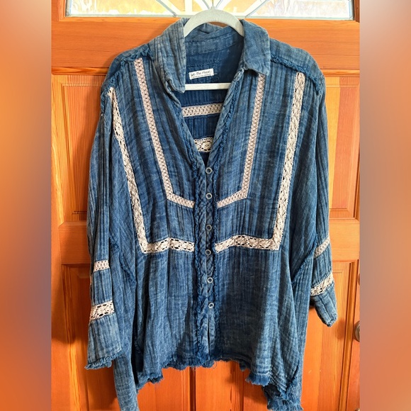 We The Free Tops - Blue Button-Up Blouse with Lace Accents
